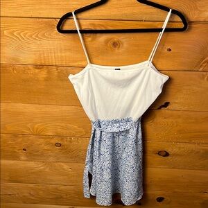 SHEIN Womens Ditsy Floral Frilled Belted Cami Dress white Blue Sleeveless Lg Zip